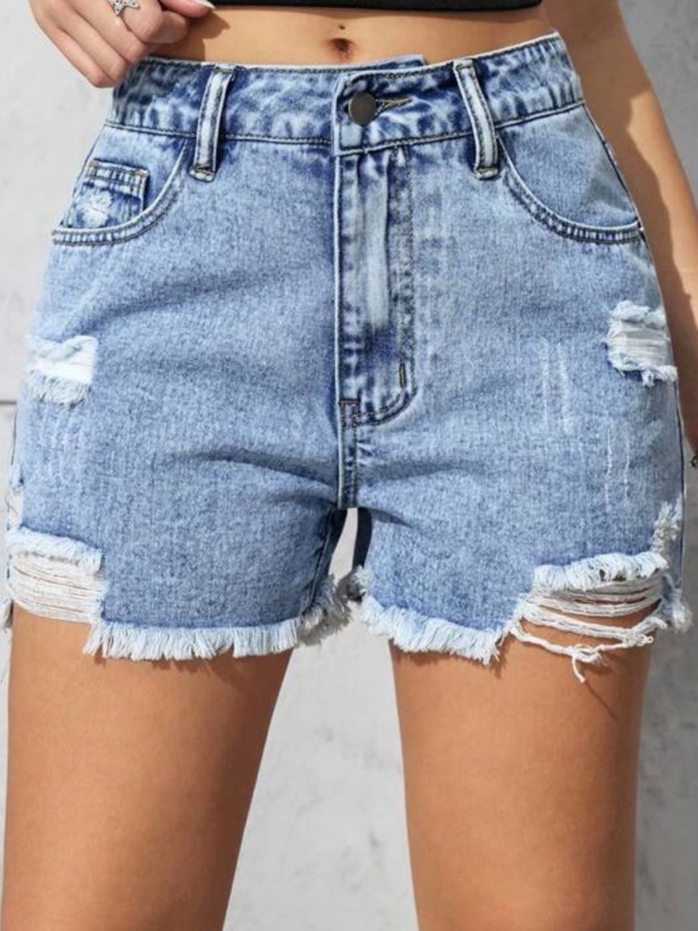 Women's Light Blue Distressed Denim Shorts